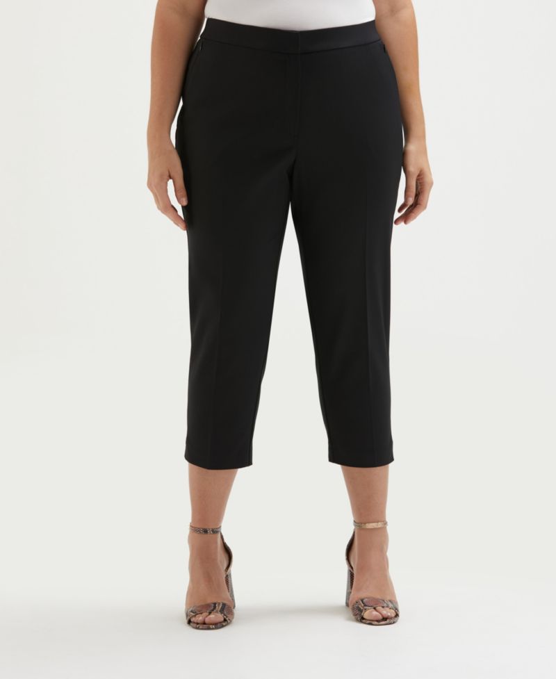 Plus Size Satin Mid Rise Twill Capri Pants with Slant Pocket