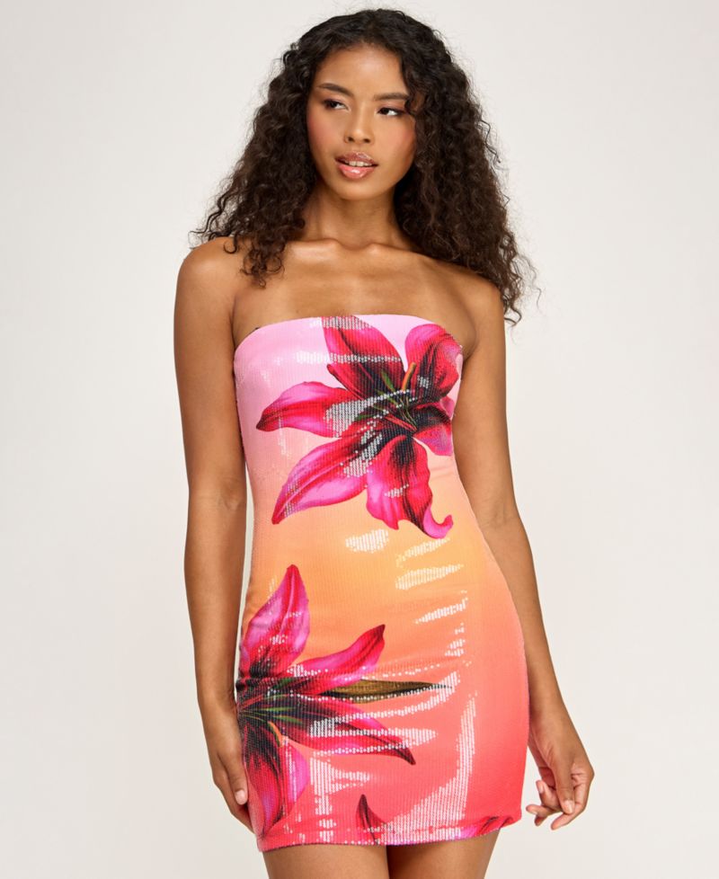 Women's Tropical Floral Sequin Strapless Mini Dress
