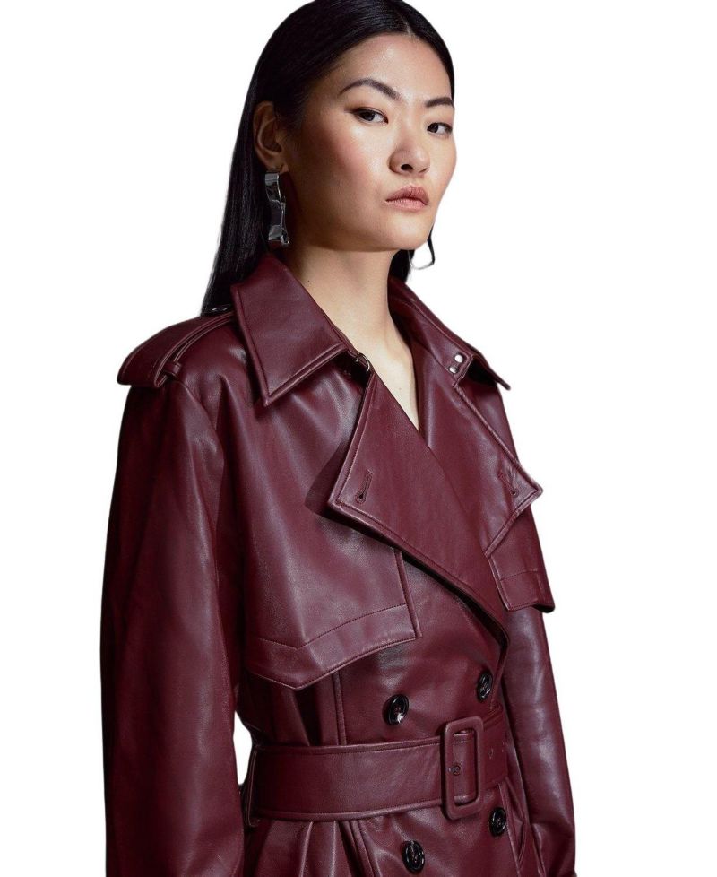 Women's Tailored Faux Leather Belted Trench Coat