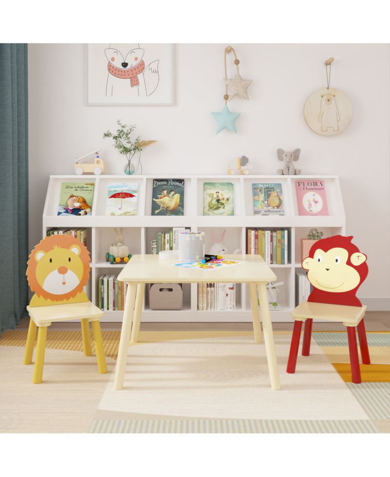 3 Piece Wood Table and Chair Set, w/ 2 LionandMonkey Animals Chairs, Wood Activity Tables Drawing Play Table Set, for Age 2-6 Boy Girl