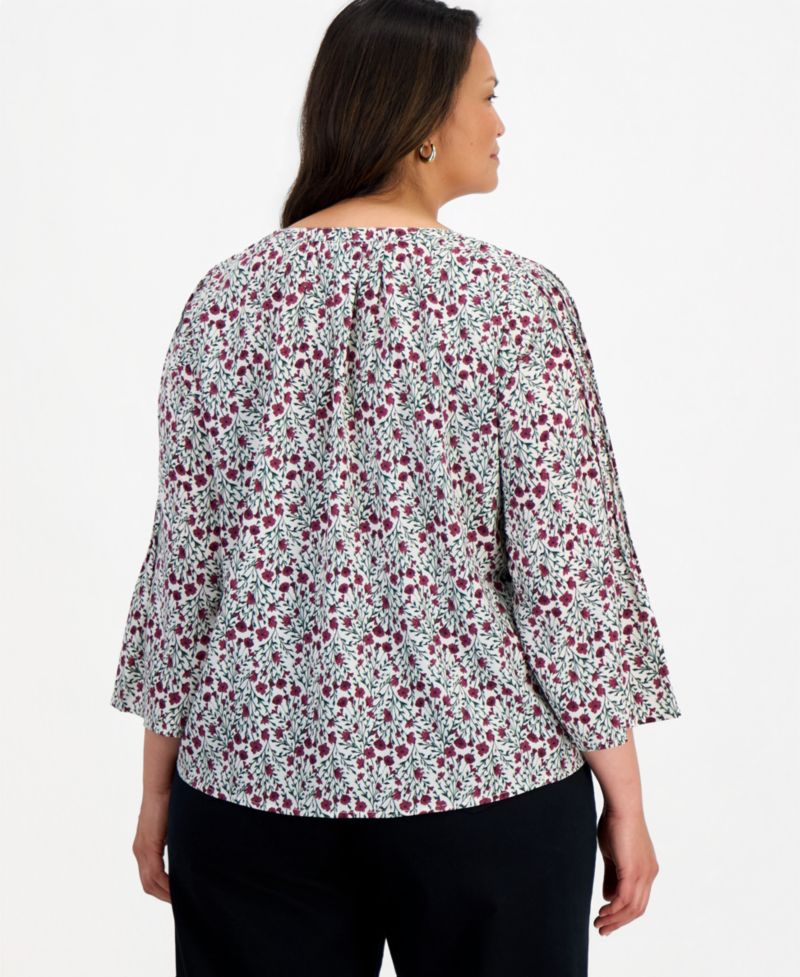 Plus Printed Bell-Sleeve Pintuck Blouse