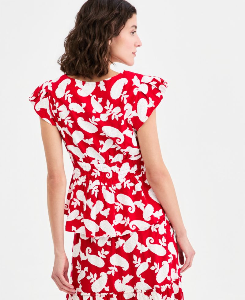 Women's Bubble-Sleeve Paisley-Print Peplum Top