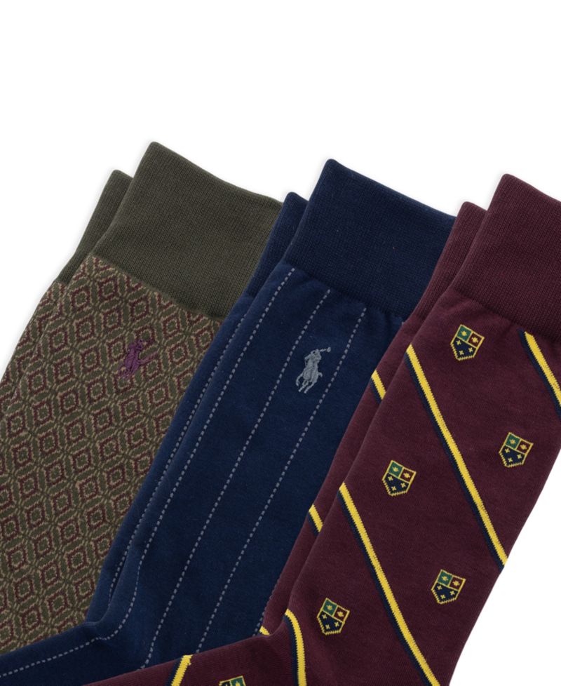 Men's Novelty Slack Striped Cotton-Blend Embroidered Pony Crew Socks, 3-Pack