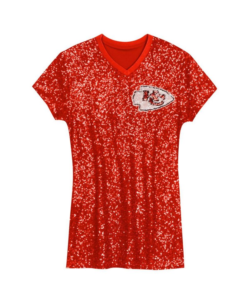Big Girls Patrick Mahomes Red Kansas City Chiefs Sequin Player Name & Number V-Neck Dress