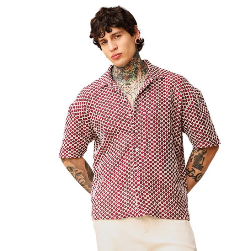 Men's Crimson Red Geometric-Crochet Cuban Oversized Shirt