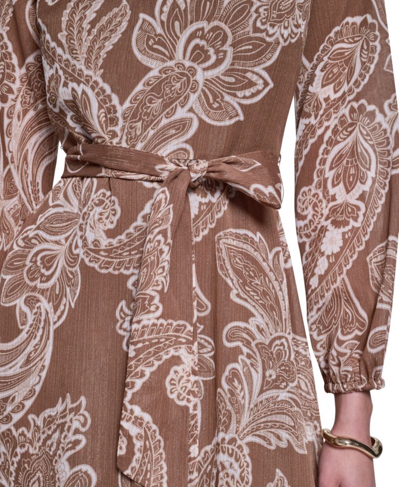 Women's Paisley-Printed Long-Sleeve Chiffon Midi Dress
