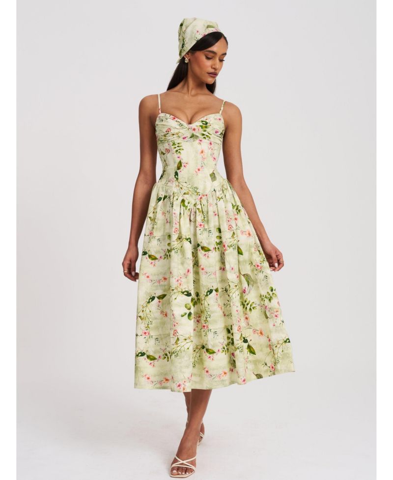 Women's Jacinda Green Floral Print Ruched Breast Linen Midi Dress