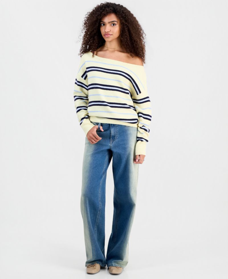 Juniors' Slouchy Off-The-Shoulder Striped Sweater