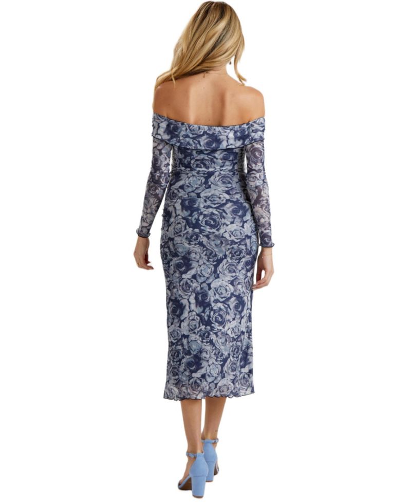 Women's Floral Off Shoulder Mesh Knit Midi Dress