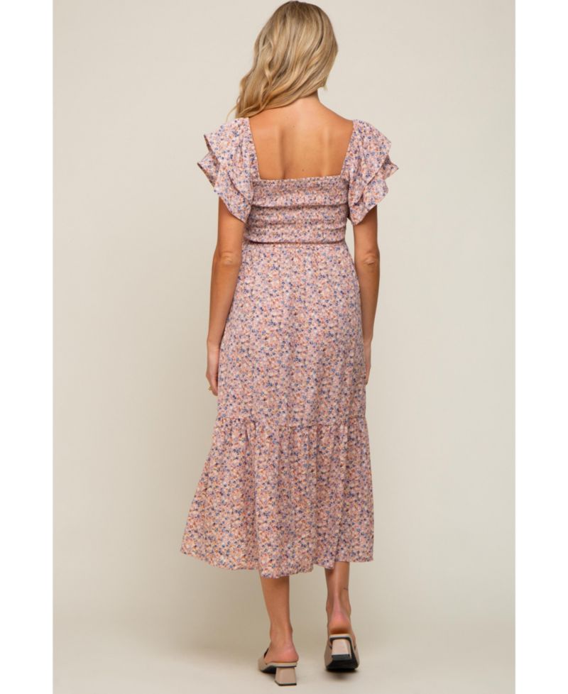 Women's Light Pink Floral Flutter Midi Dress