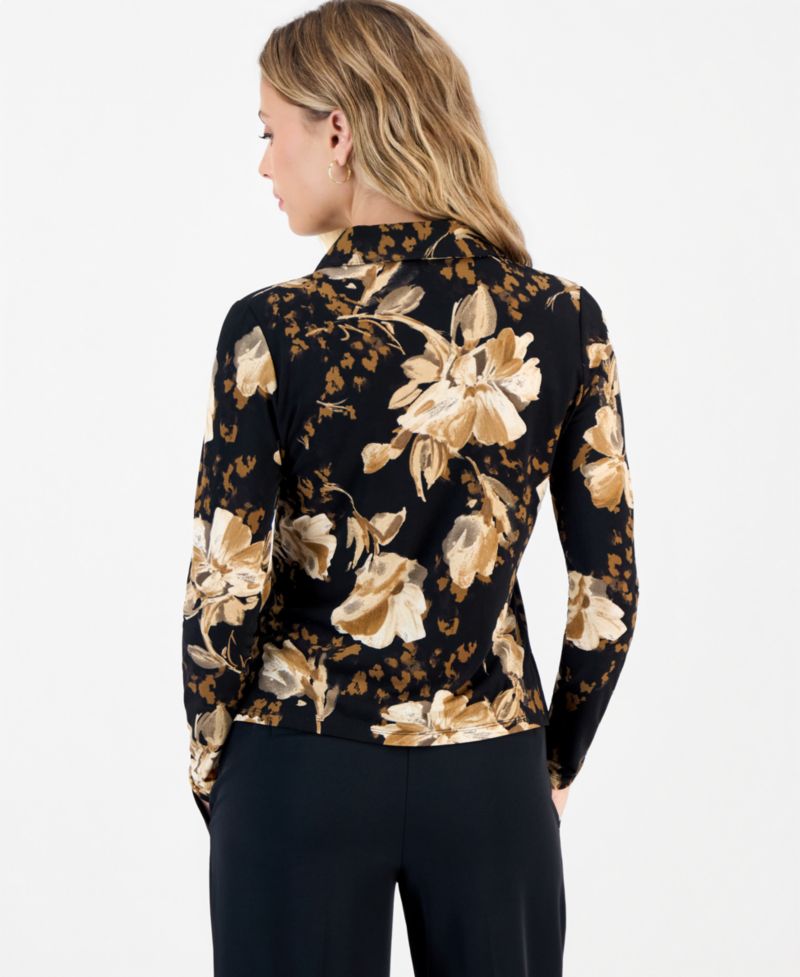Petite Long-Sleeve Floral-Print Point Collar Top