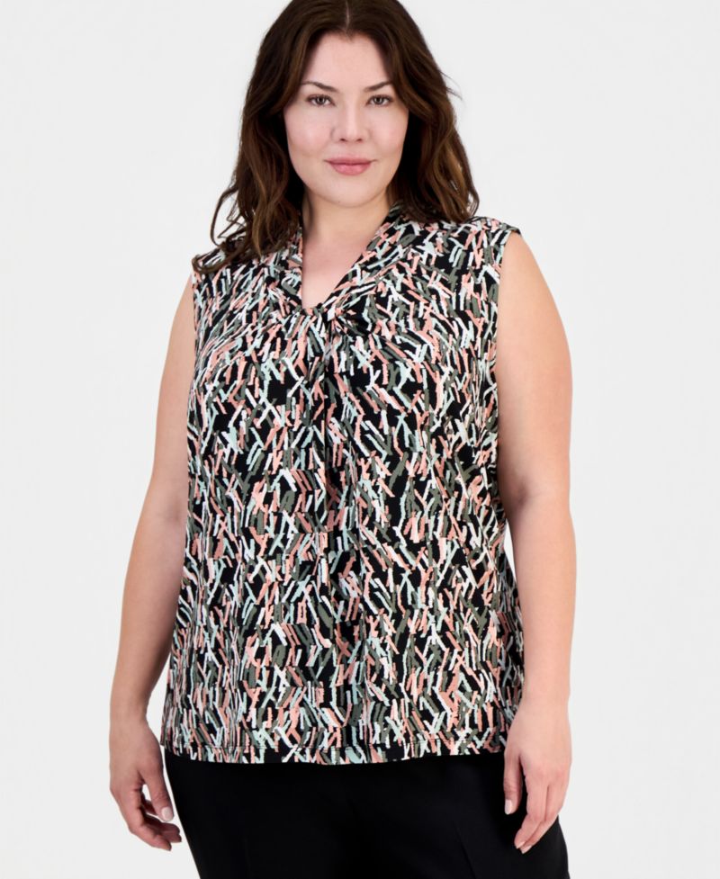 Plus Size Printed Knot-Neck Sleeveless Top