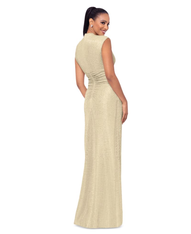Petite Ruched Metallic Crinkle Gown