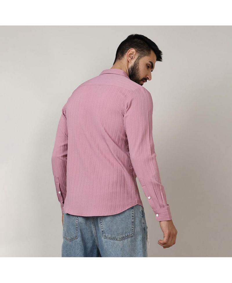 Men's Salmon Pink Self-Design Striped Shirt