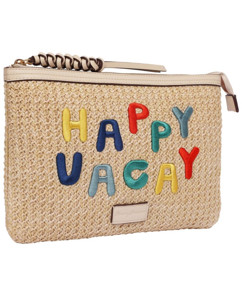 Happy Vacay Raffia Clutch - Woven Straw Zip Pouch with Embroidered Lettering