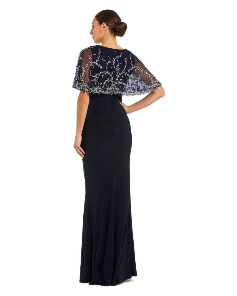Women's Fitted Jersey Gown with Embellished Cape