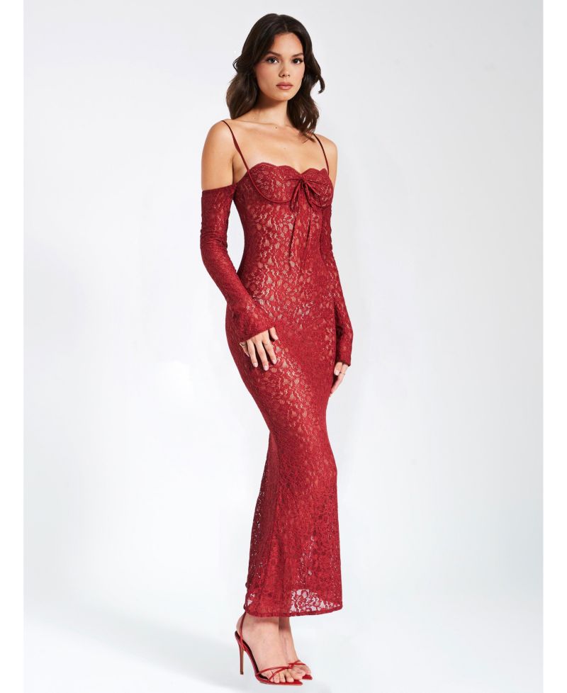 Women's Udaya Burgundy Lace Long Sleeve Maxi Dress