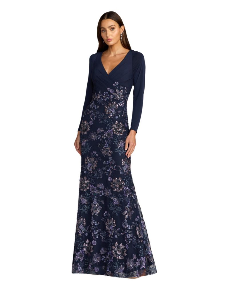 Women's Floral Embroidered Jersey Long Sleeve Gown