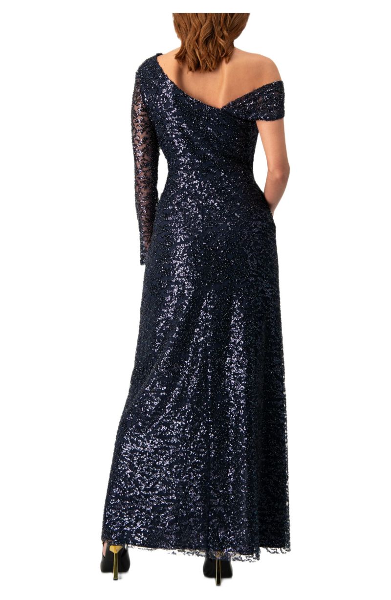 Women's Embroided Gown with Front Slit and One Sleeve