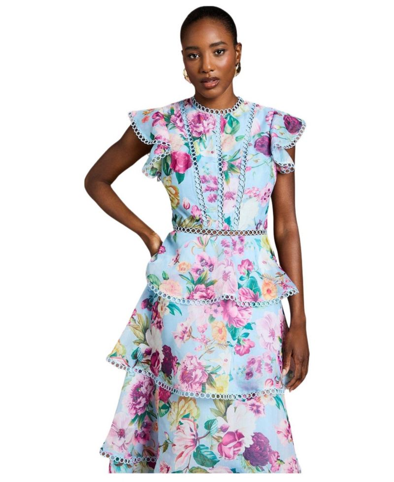 Women's Lace Trim Tiered Organza Midi Dress