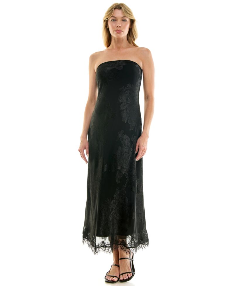 Juniors' Strapless Midi Lace-Trim Dress