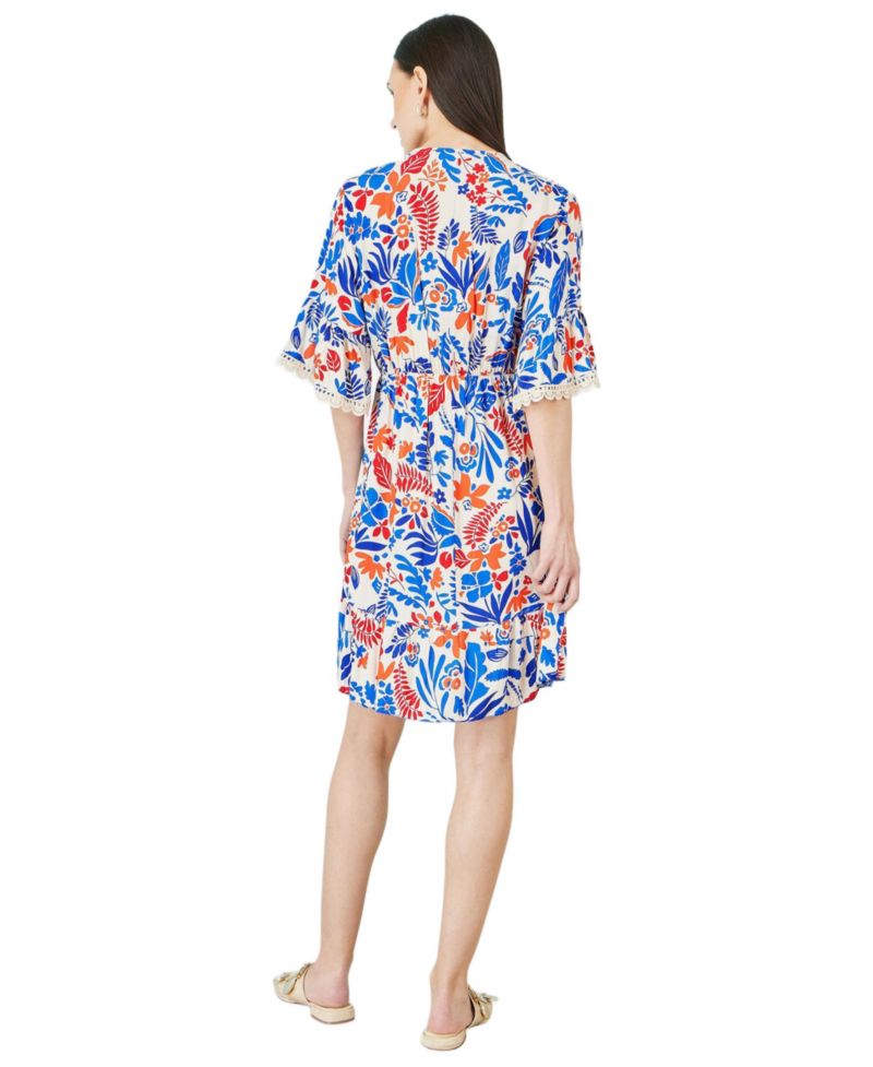 Women's Leaf Print Kimono Sleeve Tunic Dress