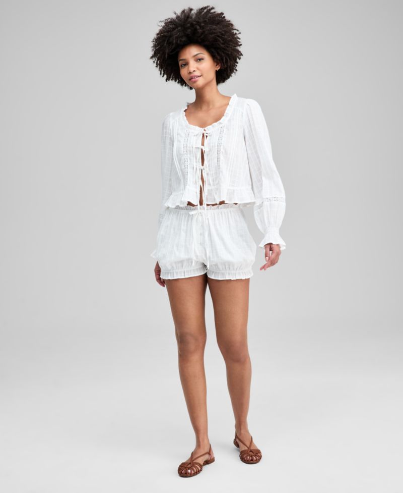 Women's Textured Tie-Front Cotton Blouse