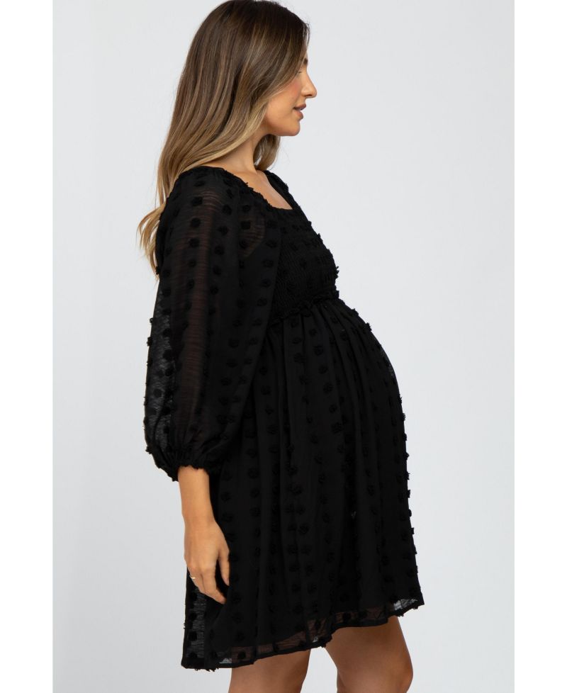 Women's Black Textured Dot Smocked Square Neck Chiffon Dress