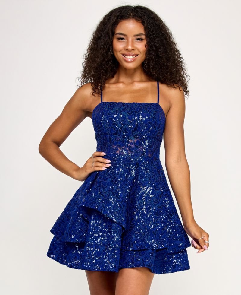 Juniors' Sequined Lace Spaghetti Strap Square-Neck Dress
