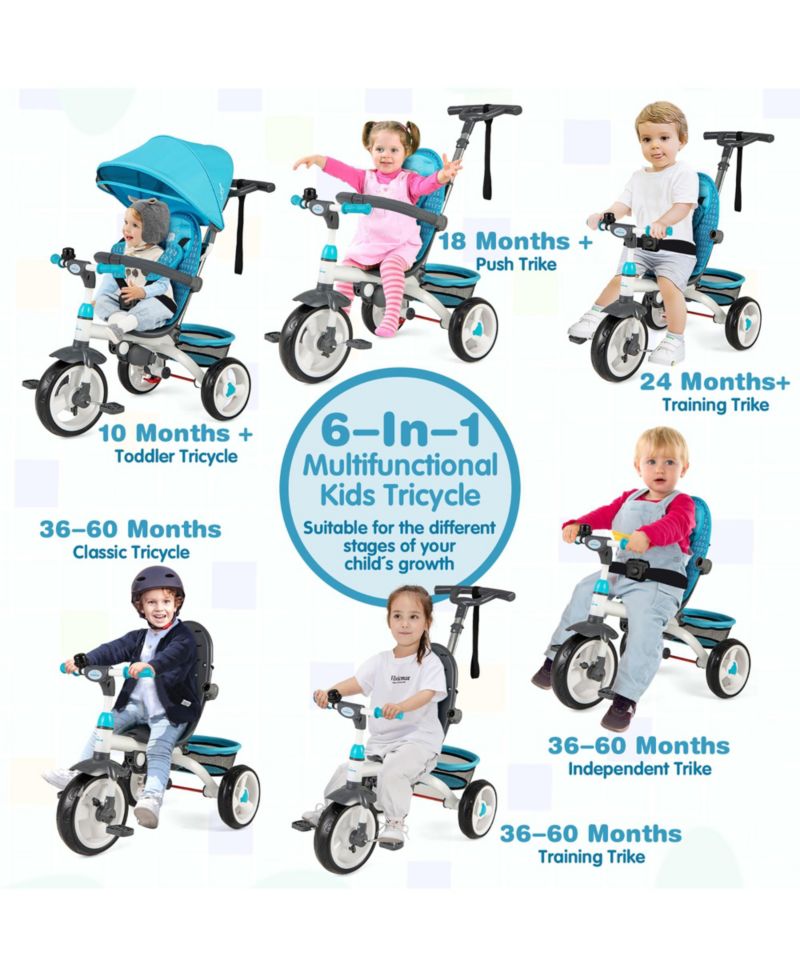 Baby Tricycle Stroller 6-in-1 Kids Push Trike w/ Removable 5-Position Canopy
