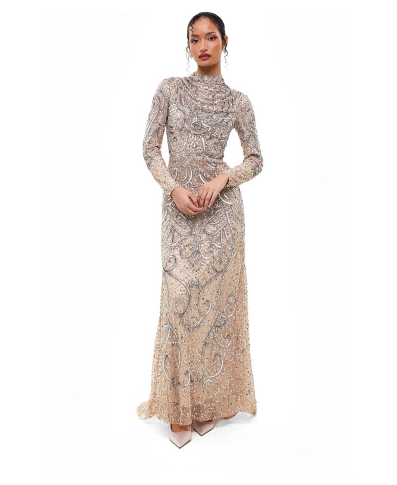 Women's Modest Cowl Embellished Sequins Maxi Dress