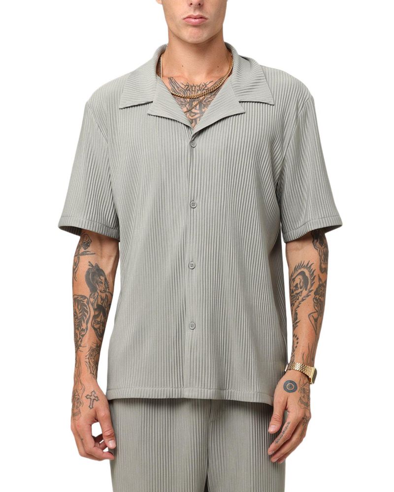 Men's Pleated Button Up Shirt - Olive M