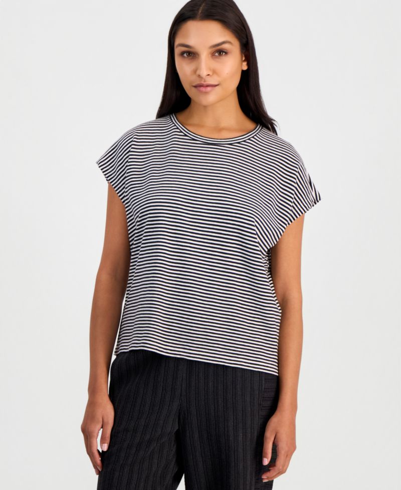 Women's Cotton Striped Cap-Sleeve Crewneck Tee