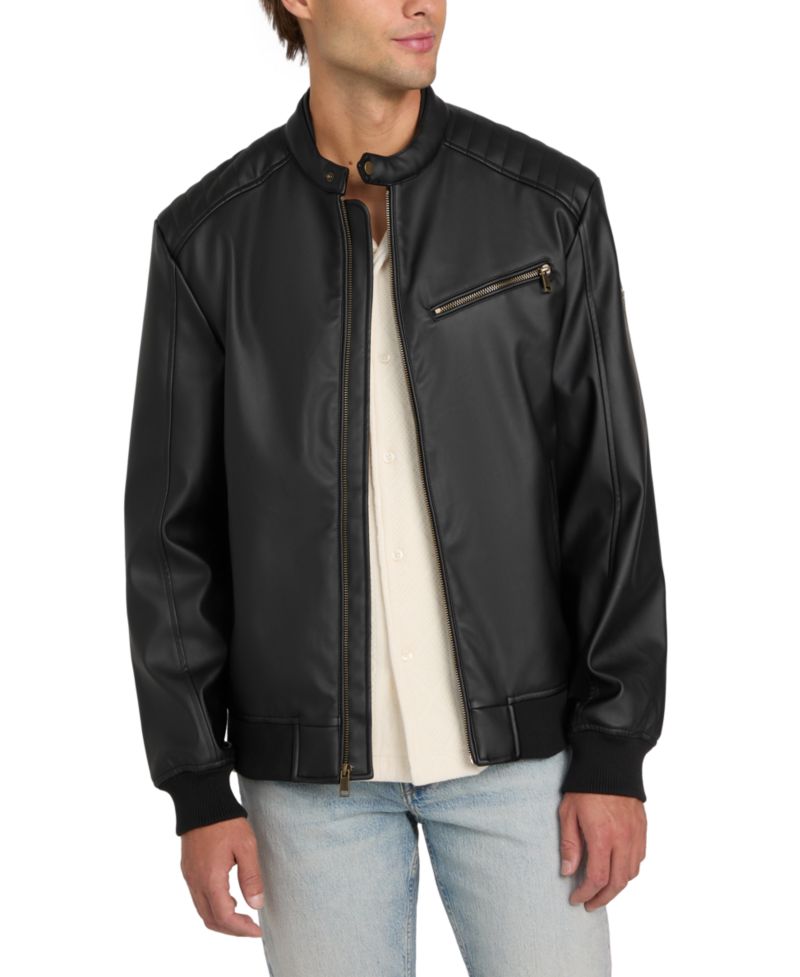 Men's Stretch Faux Leather Snap Collar Moto Jacket
