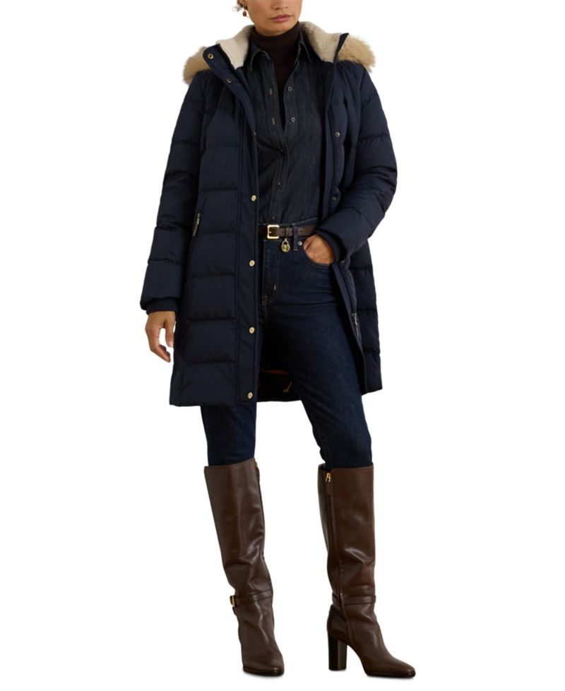 Petite Faux-Fur-Trim Hooded Puffer Coat