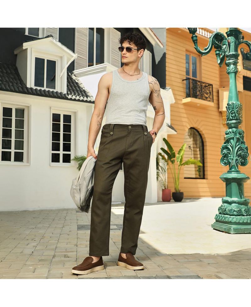 Men's Sacramento Green Ribbed-Pleated Chino Trousers