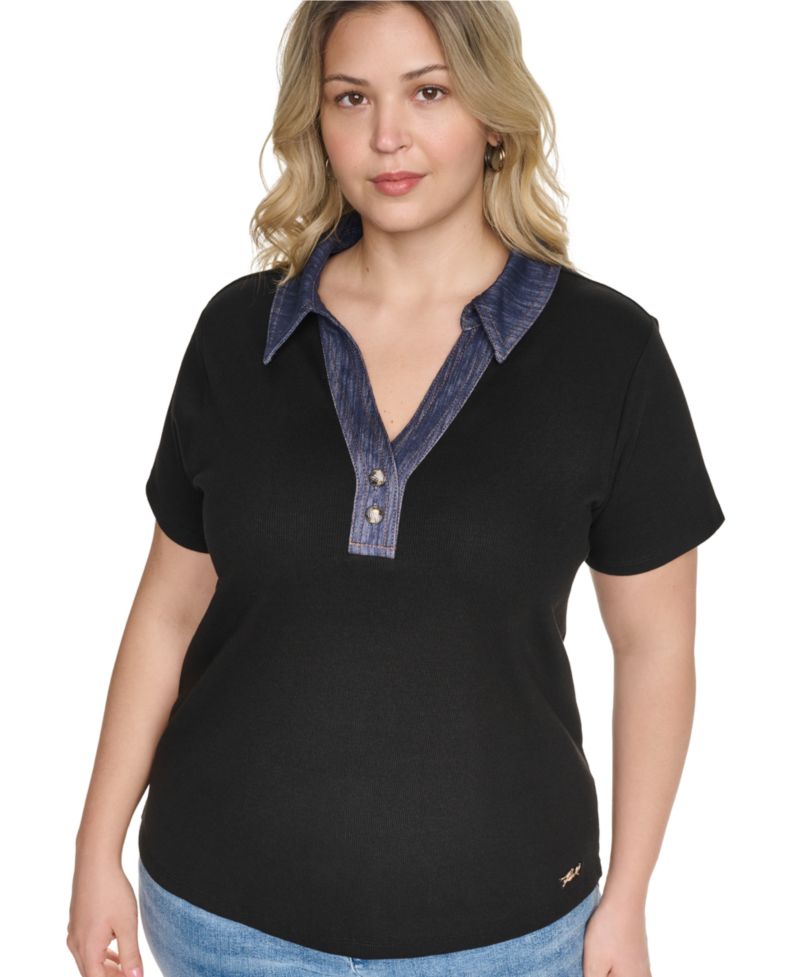 Plus Size Collared Short Sleeve Pull-On Top