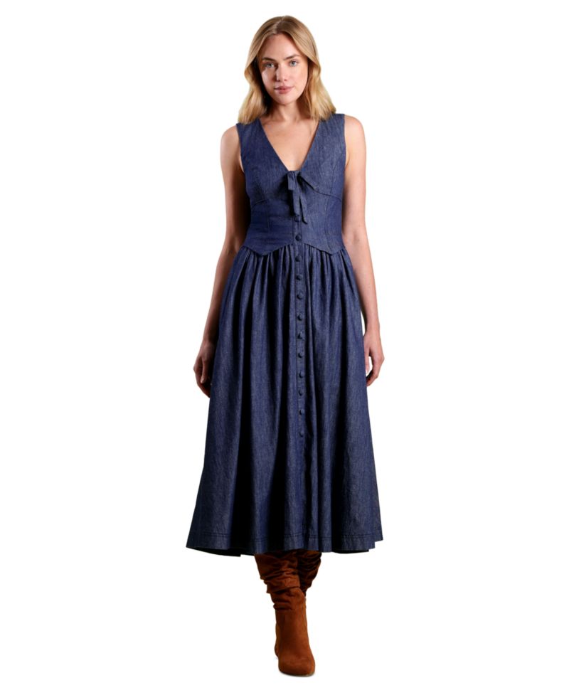 Women's Denim Vest Twofer Sleeveless V-Neck A-Line Midi Dress