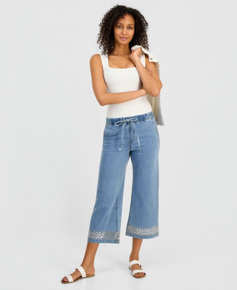 Women's Sequined Pull-On High-Rise Cropped Wide Leg Jeans