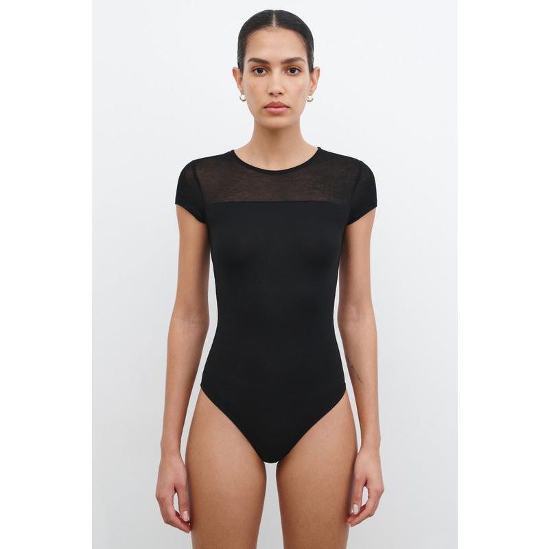 Women's Dara Short-Sleeve Fitted Jersey Bodysuit with Sheer Neckline