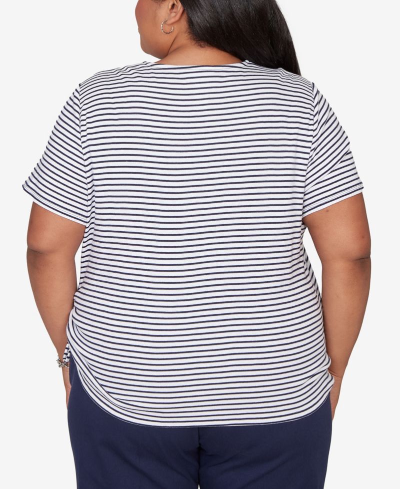 Plus Size Lady Liberty Embroidered Neck Striped Side Tie Top