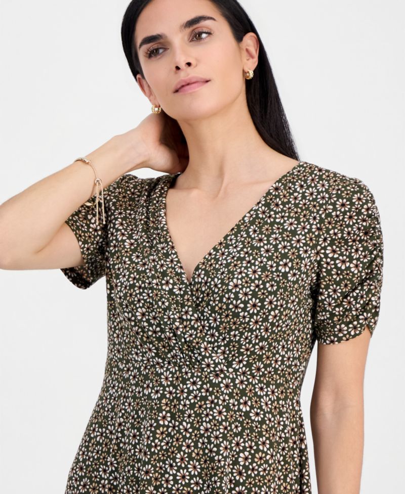 Petite Ruched-Sleeve Crossover-Neck Dress