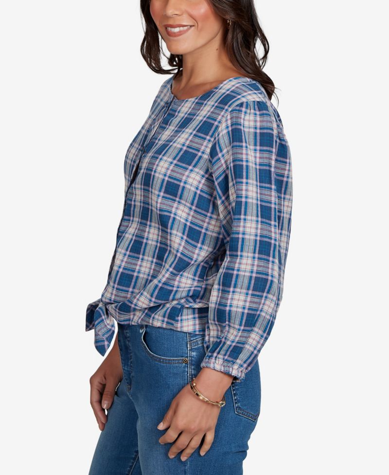 Petite Homestead Plaid 3/4-Sleeve Button-Front Top