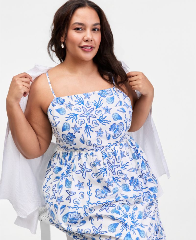Plus Cotton Poplin Back-Cutout Tiered Midi Dress
