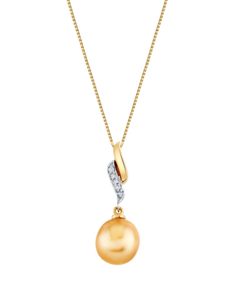 Cultured Fresh Water Pearl (11mm) & Diamond Accent Pendant Necklace in 10k Yellow Gold