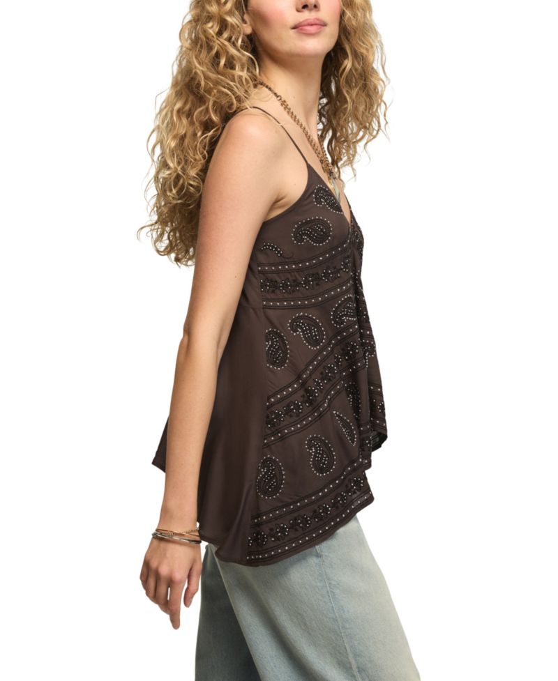 Women's All Over Embroidered Hanky Hem V-Neck Tank Top