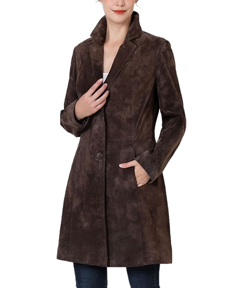 Women's Mary Suede Leather Notch Lapel Button-Front Coat