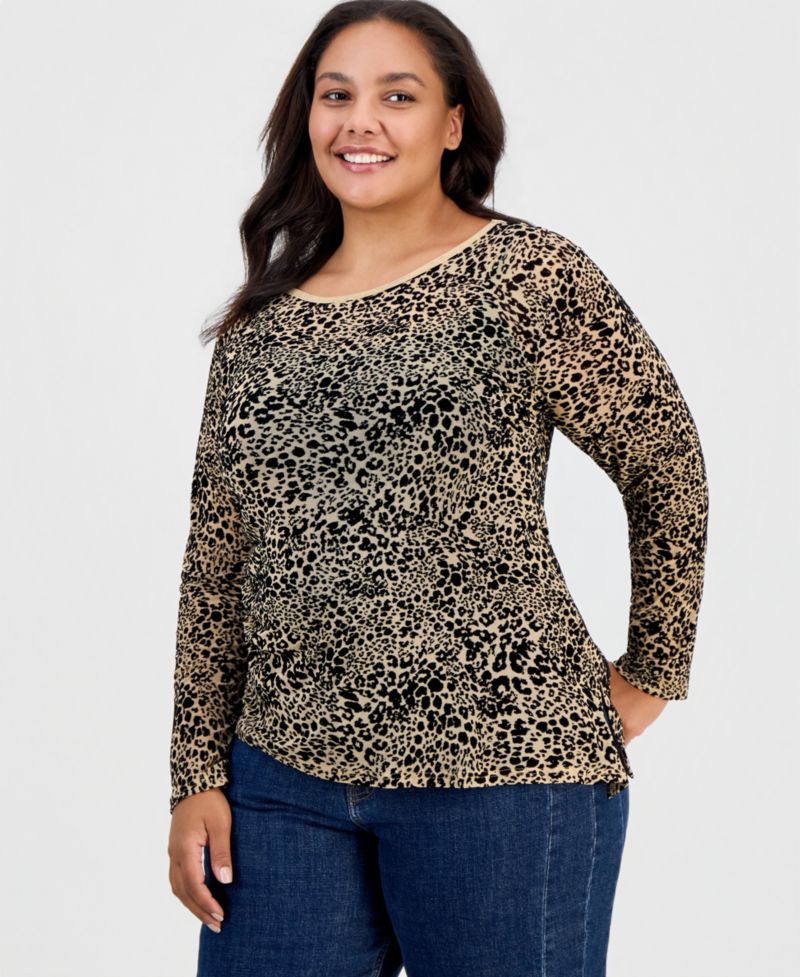 Plus Size Long-Sleeve Crewneck Flocked Mesh Top