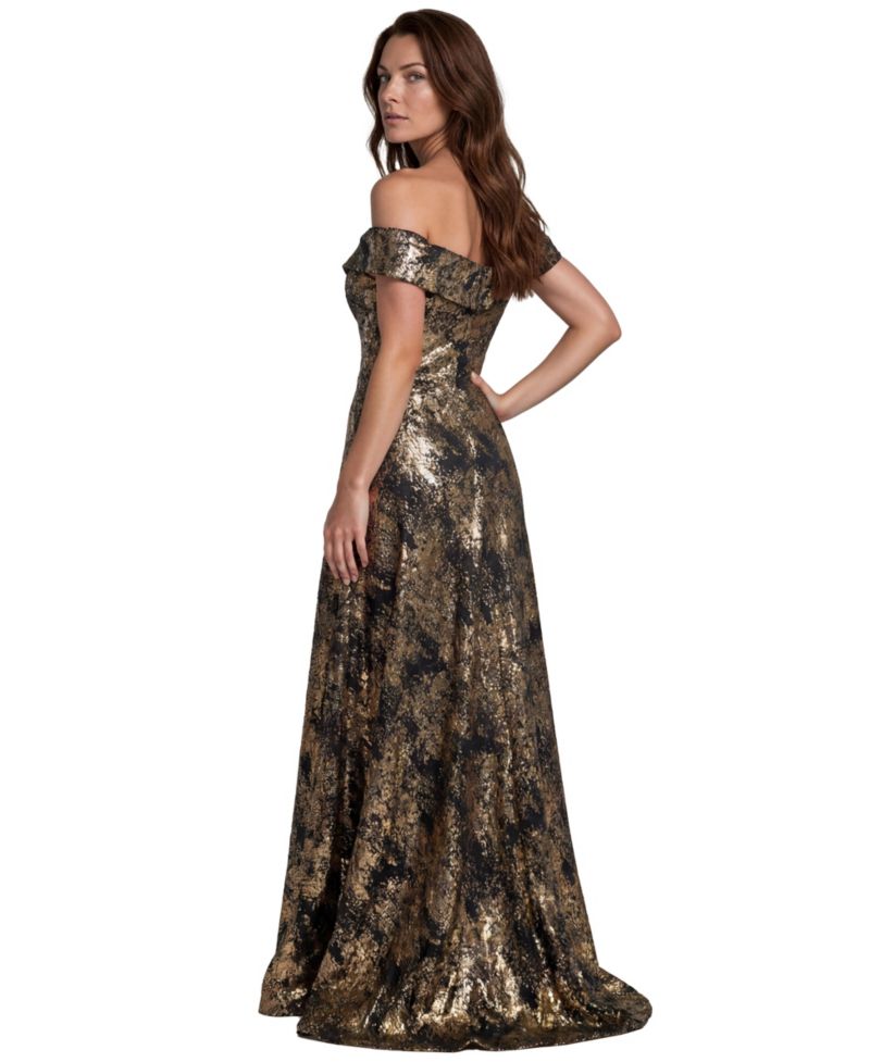 Women's Off-the-Shoulder Metallic Jacquard Draped Gown