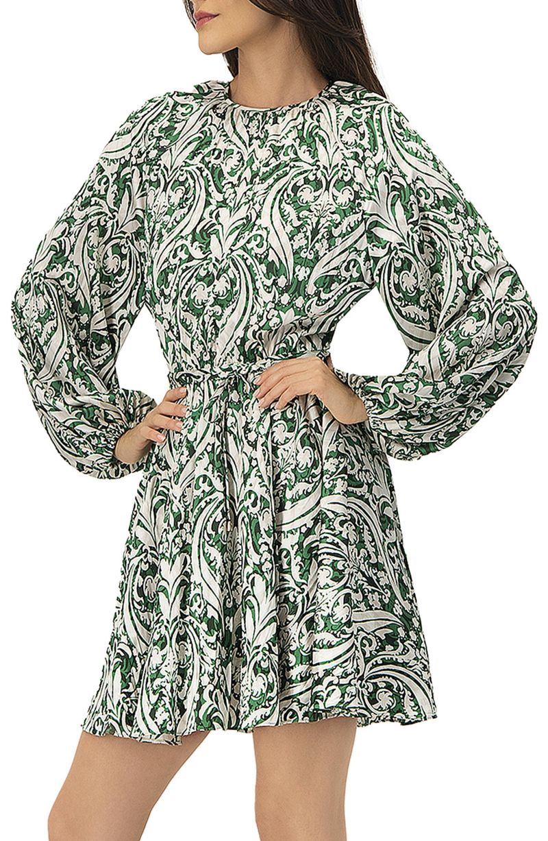 Women's Baroque Print Mini Dress with Belted Waist